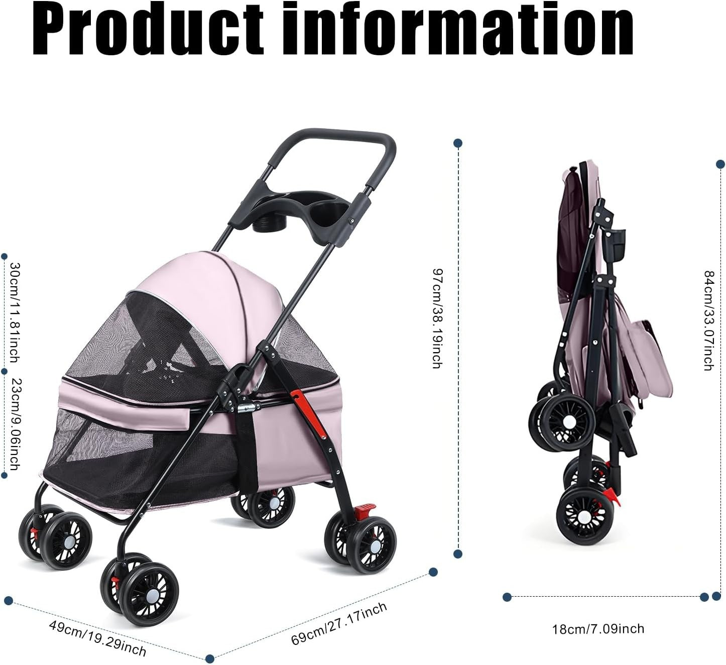 Small Dog Stroller Folding Pet Buggy Breathable Mesh Wheels Travel