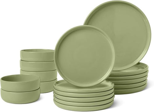 18pc Stoneware Dinnerware Set Olive Green Plates Bowls Microwave Safe