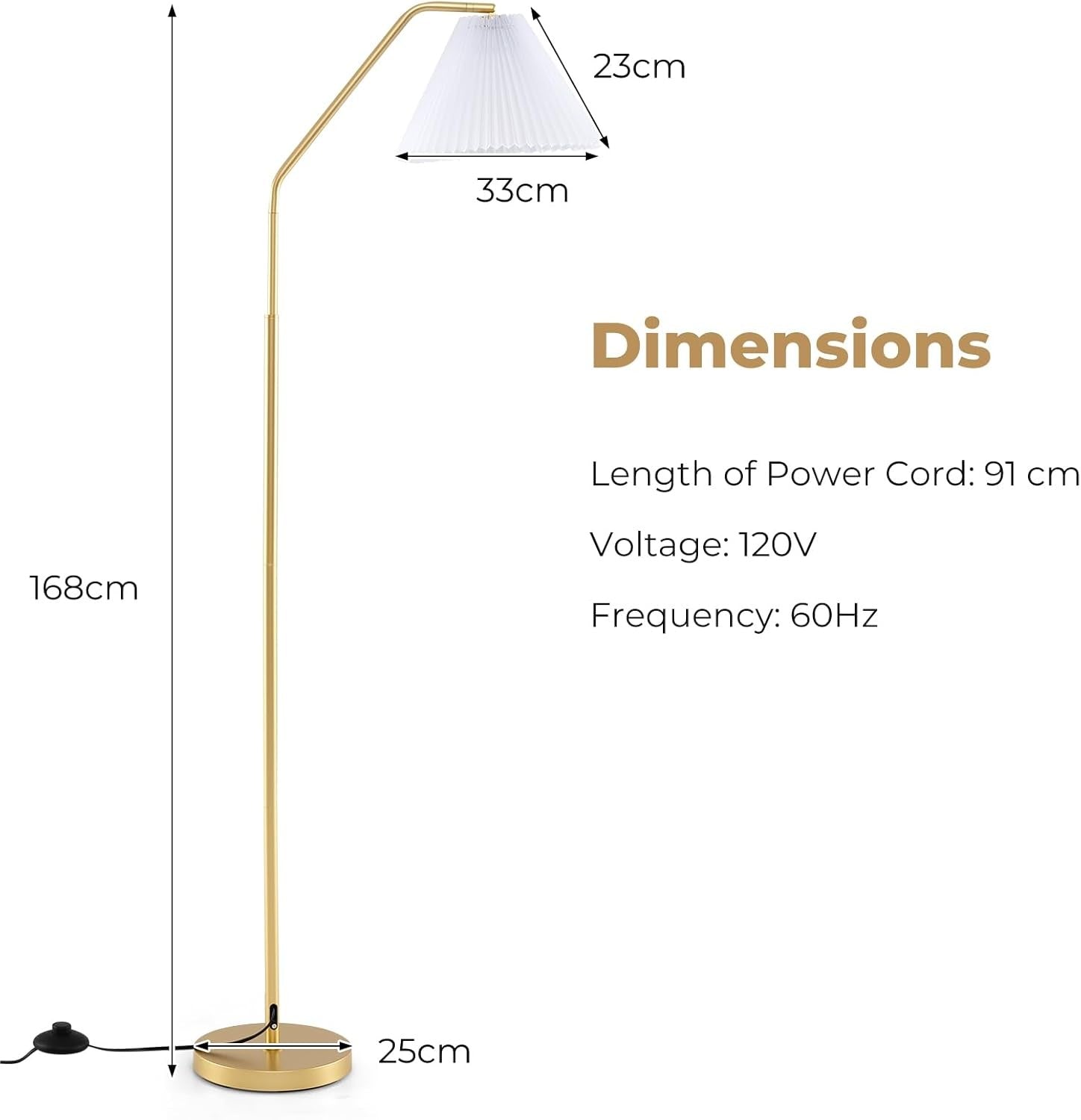 Arc Floor Lamp 168cm Adjustable Head E27 Pleated Shade Foot Switch