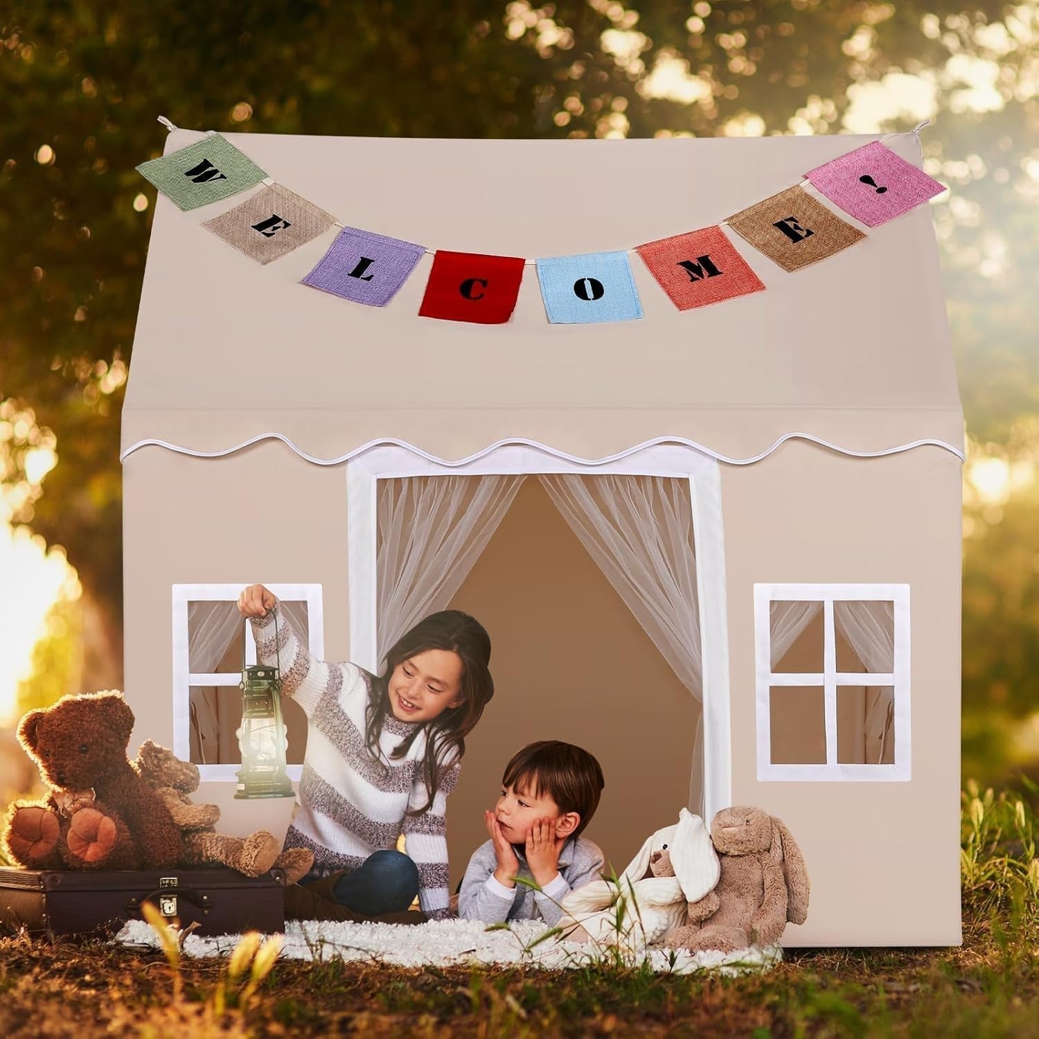 Extra Large Kids Play Tent Indoor Outdoor Bed Playhouse Beige