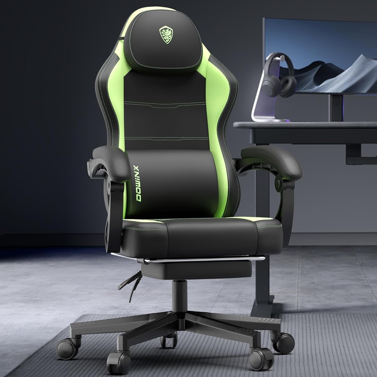 Heavy Duty Gaming Chair 200kg Ergonomic w/ Massage Lumbar Green