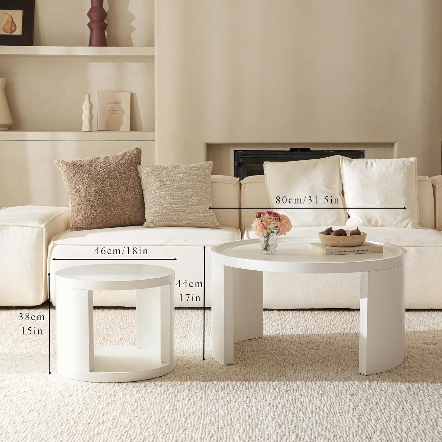 2X Nesting Coffee Table Set Pine Wood White Round Side End Tables Living Room
