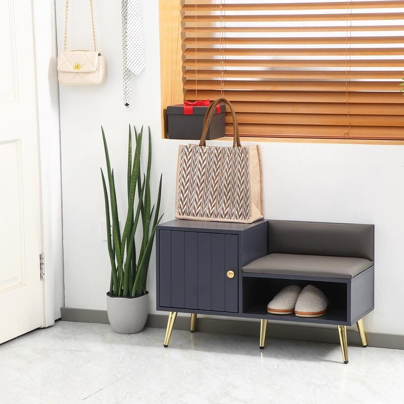 Grey Shoe Storage Bench with Cushion, Compact Hallway Entryway Cabinet