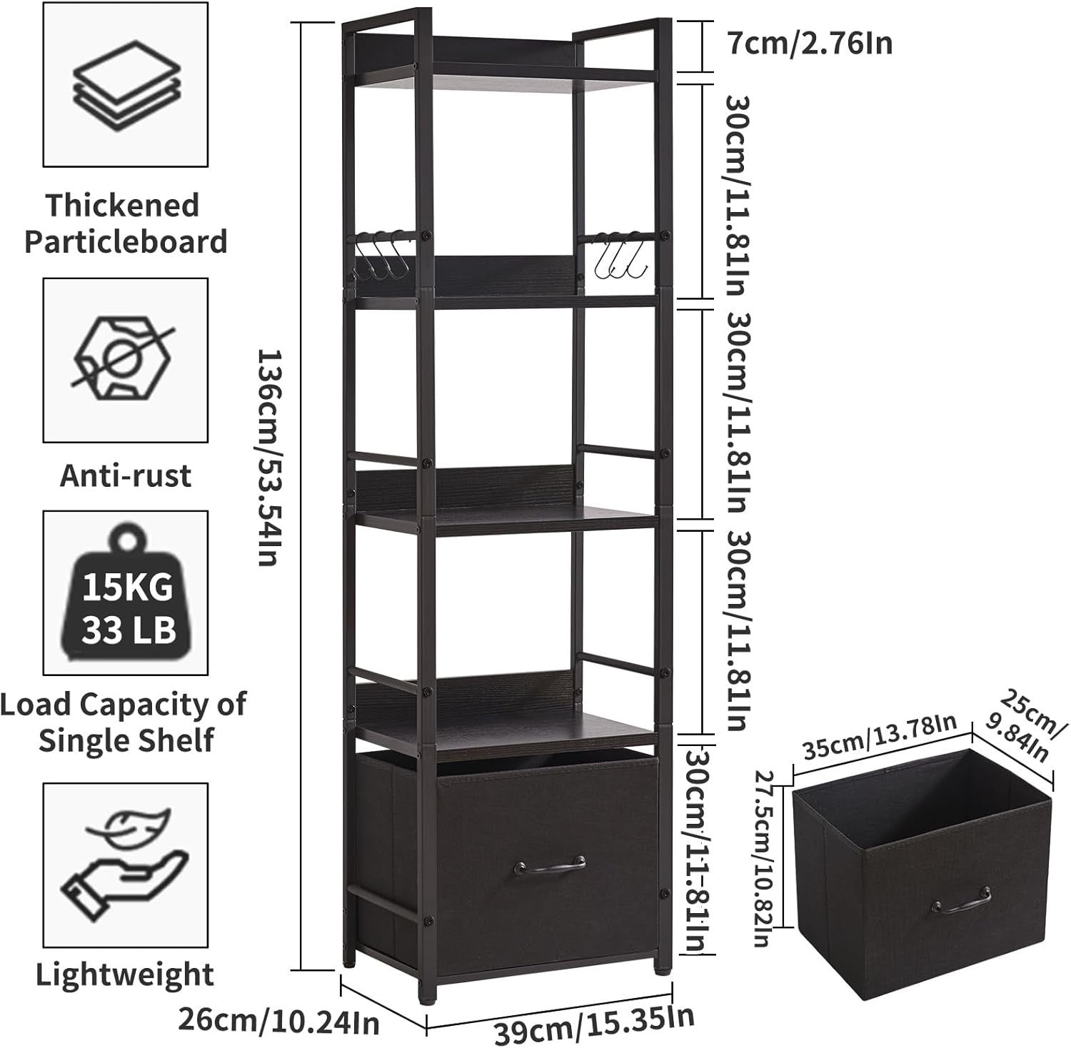 5 Tier Ladder Shelf with Fabric Drawer Industrial Metal Frame Bookcase Black