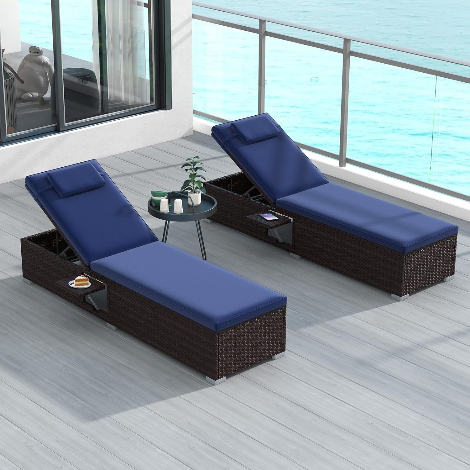 6-Level Adjustable Rattan Sun Lounger with Folding Table & Cushions, Navy Blue