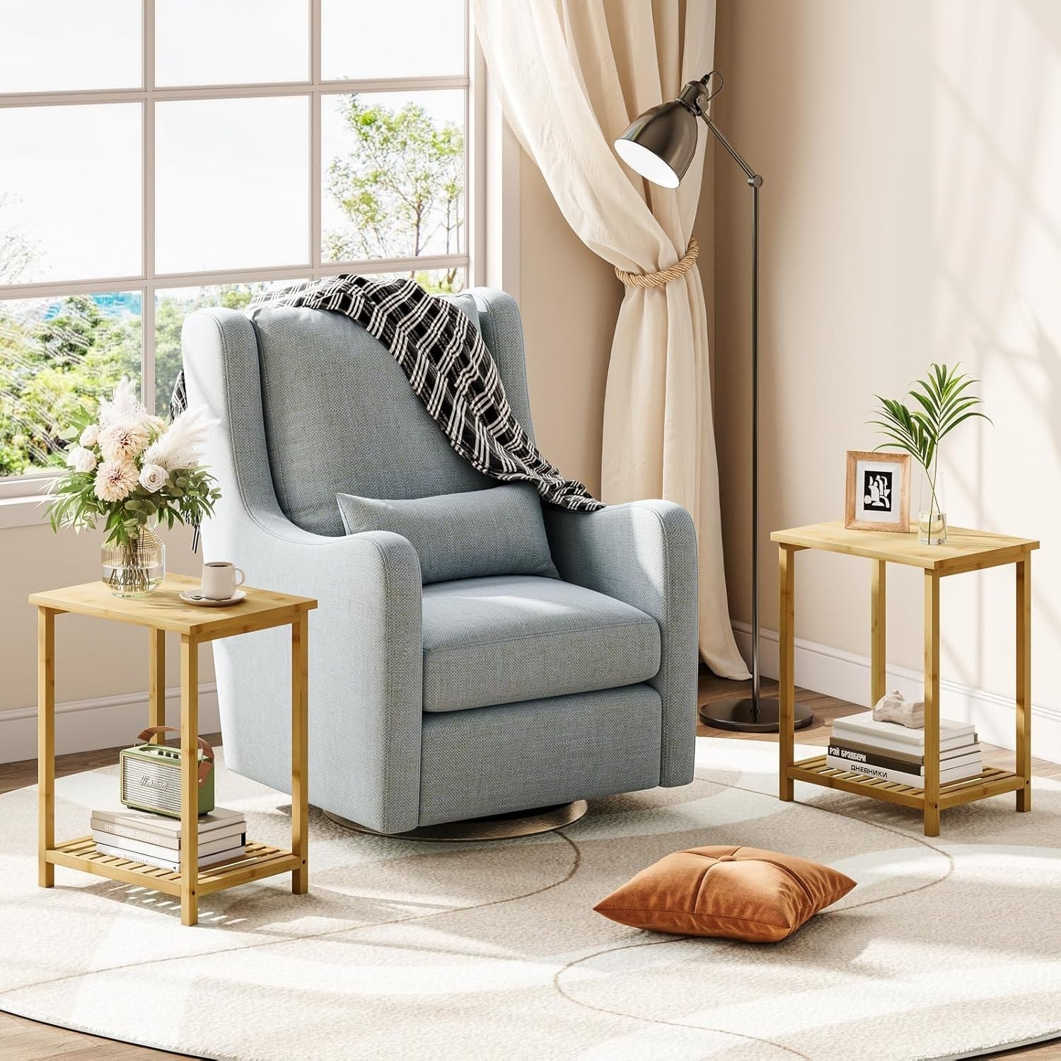 2-Tier Bamboo End Table, Narrow Nightstand, Space-Saving Sofa Side Table
