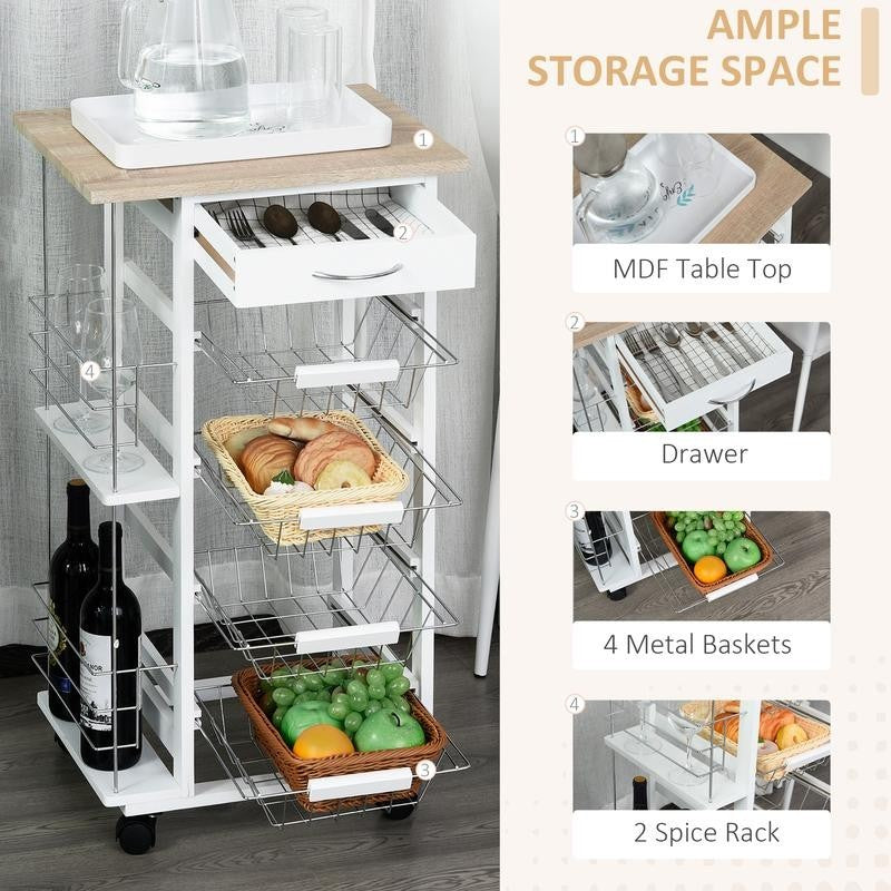 Rolling Kitchen Cart Storage Trolley with 4 Baskets, Drawer & Wheels