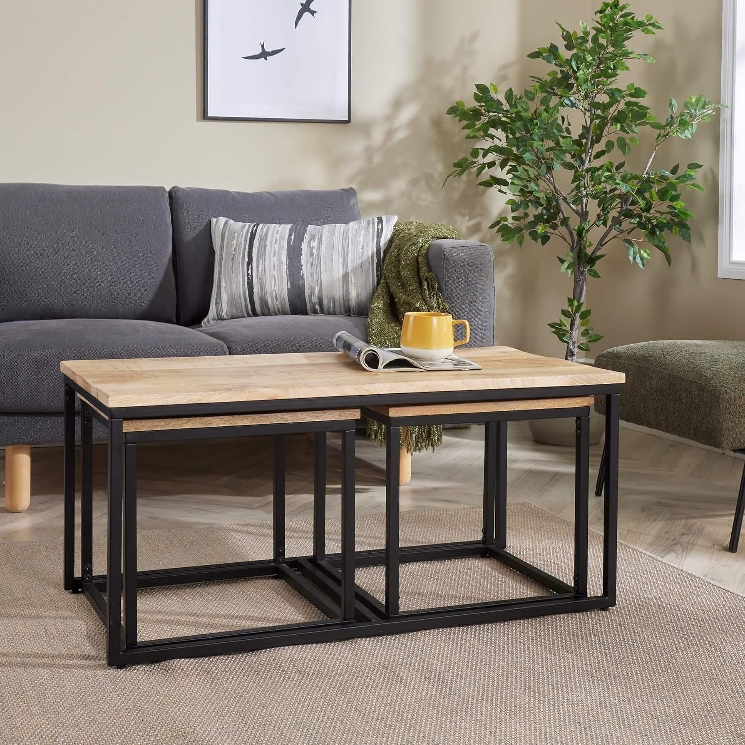 3pc Nesting Coffee Tables Set Mango Wood Metal Frame Modern Industrial Flair