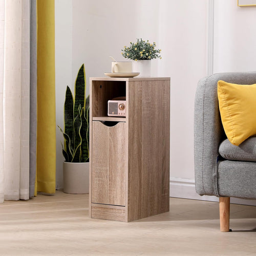 Slim Walnut Bedside Table with Shelf, Narrow Side Cabinet for Small Bedrooms