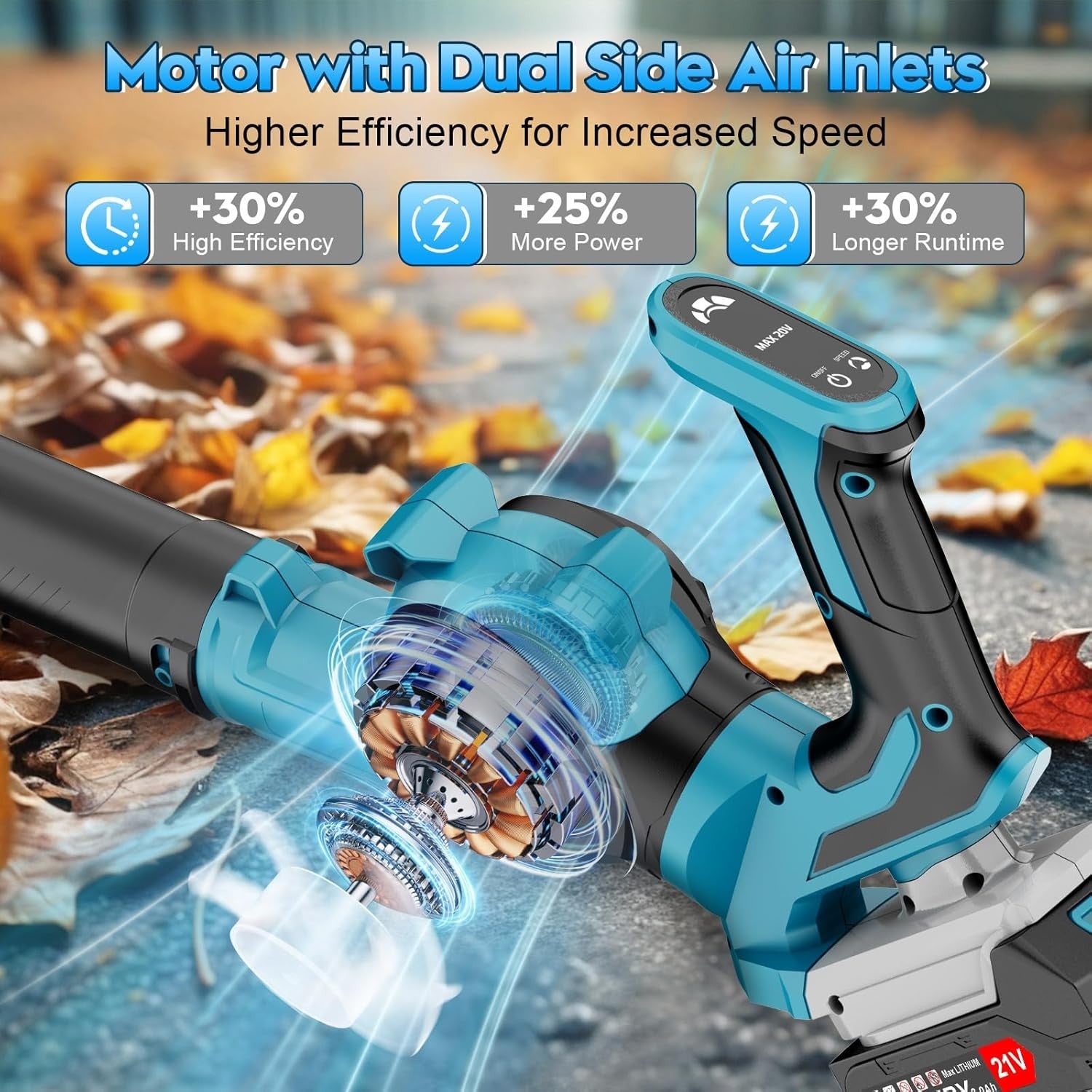 Cordless Leaf Blower 21V Dual Batteries Turbo Boost 3 Speed Handheld