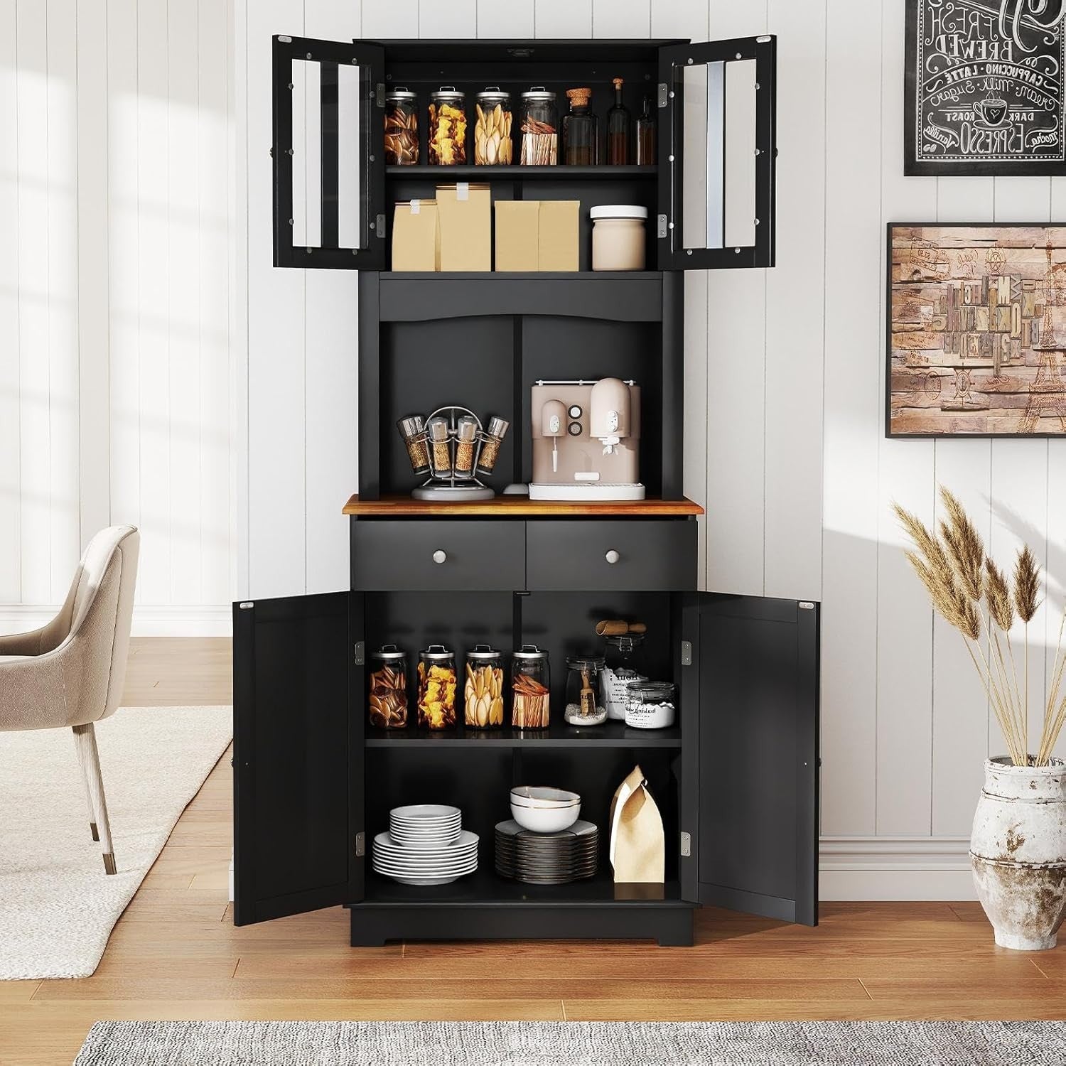 170cm Tall 4-Door Kitchen Cupboard 2-Drawer Adjustable Shelves Black