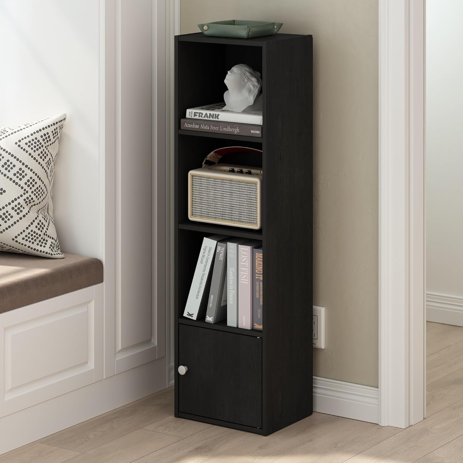 Durable 4-Tier Blackwood Shelf Bookcase with 1 Door Storage Cabinet