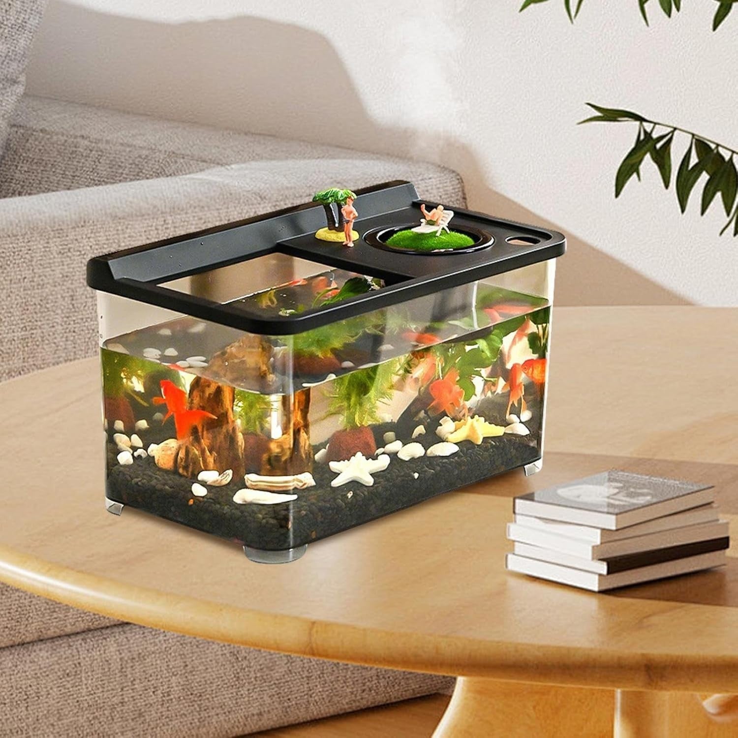 Small Fish Tank 3-Color LED Aquarium 360° Viewing Desk Living Room
