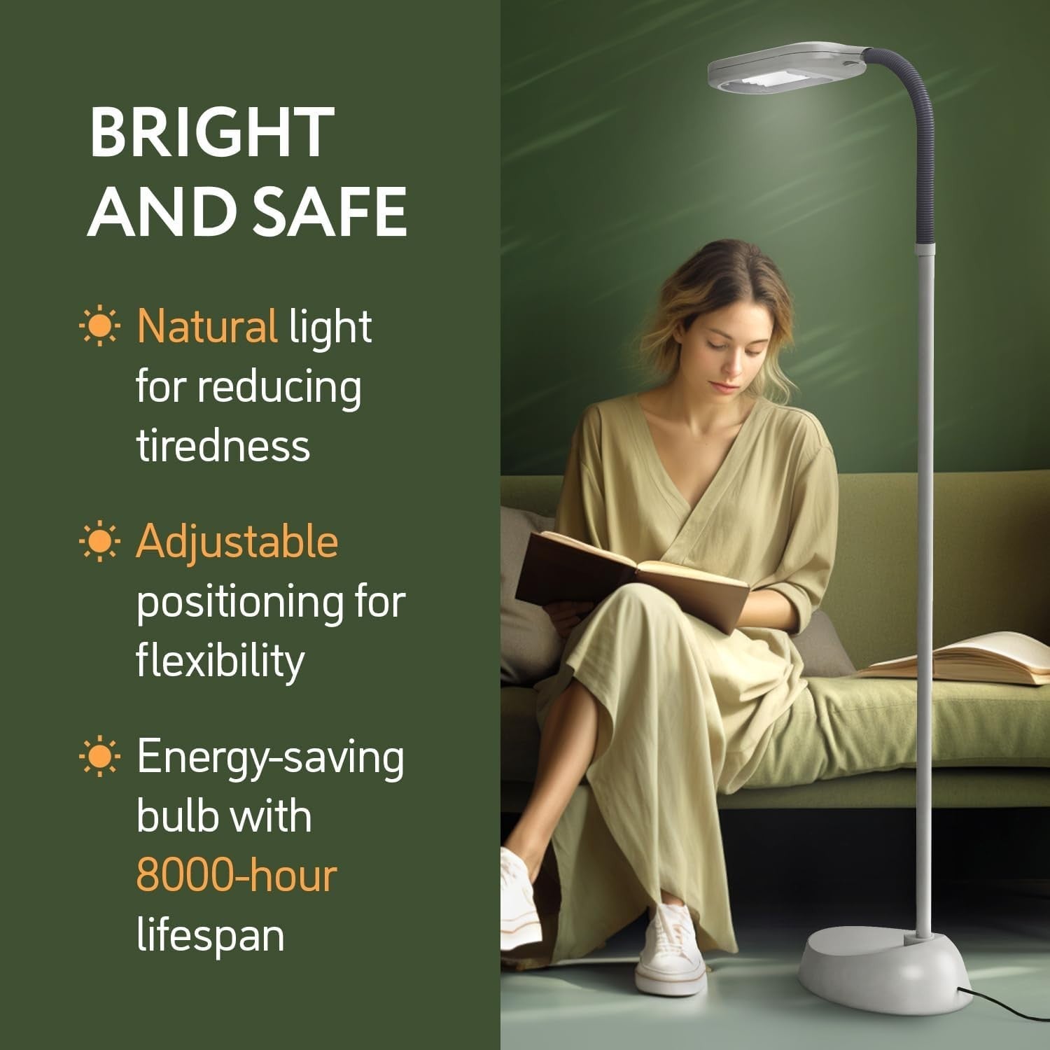 Daylight Reading Floor Lamp with Adjustable Neck & Natural Light 50x31.5x12.5cm