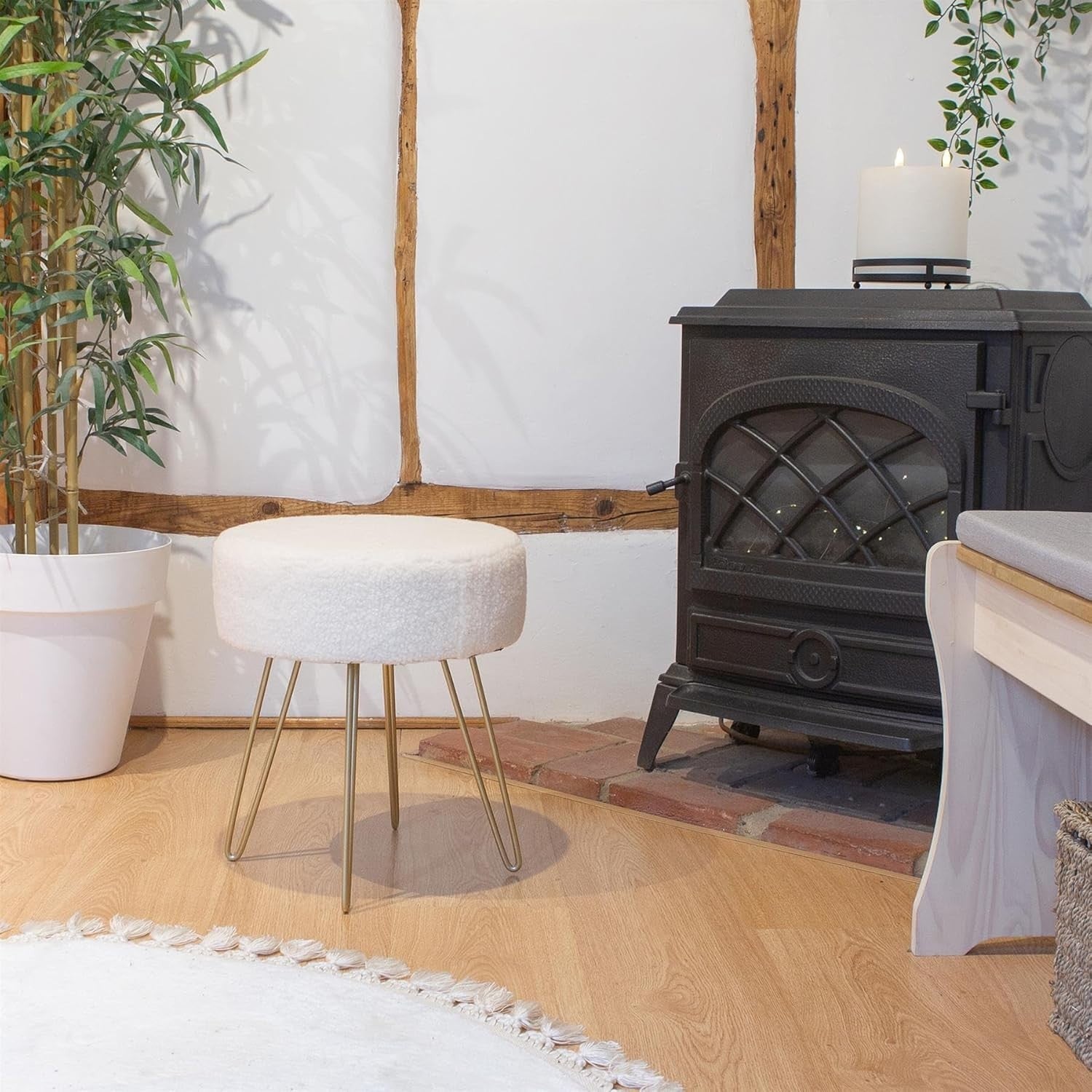 Set of 2 Cream Bouclé Footstools Gold Legs Modern Round Pouffe Seats