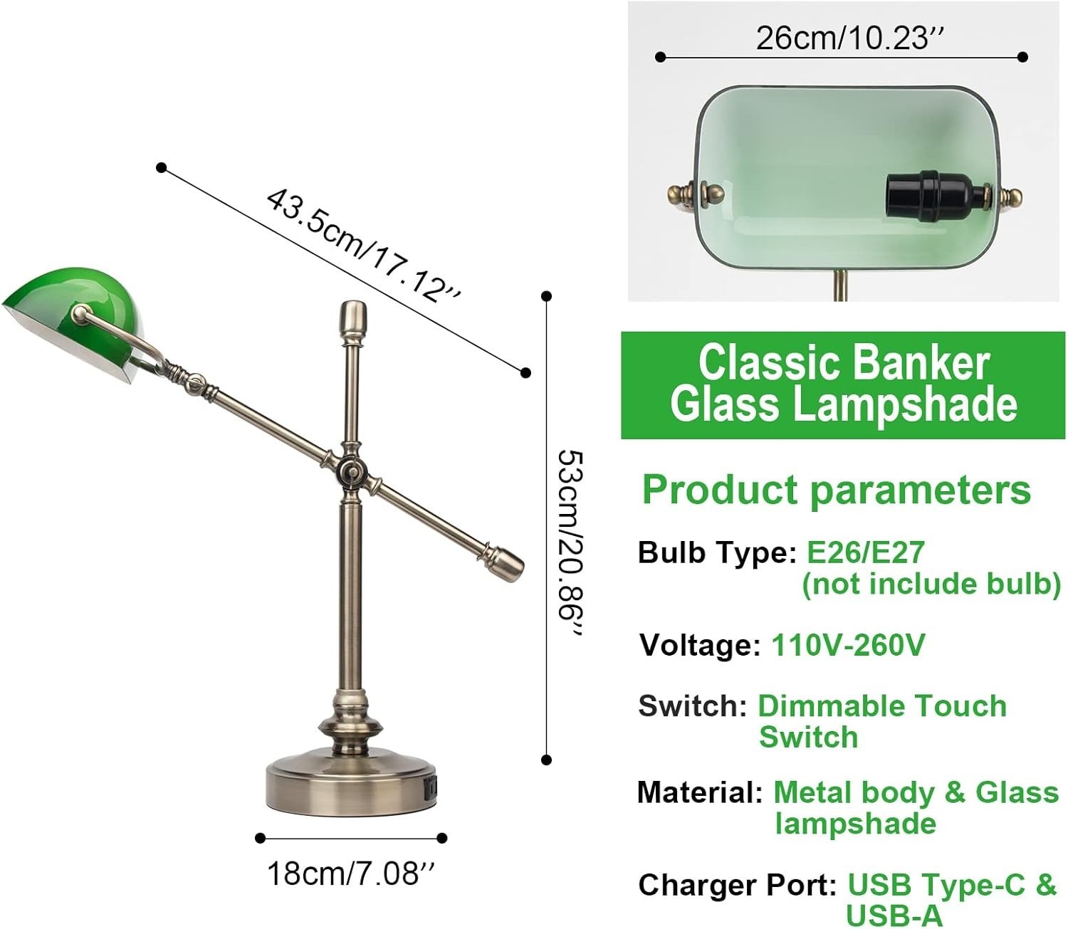 Touch-Sensitive Vintage Desk Lamp with USB Ports & Adjustable Arm
