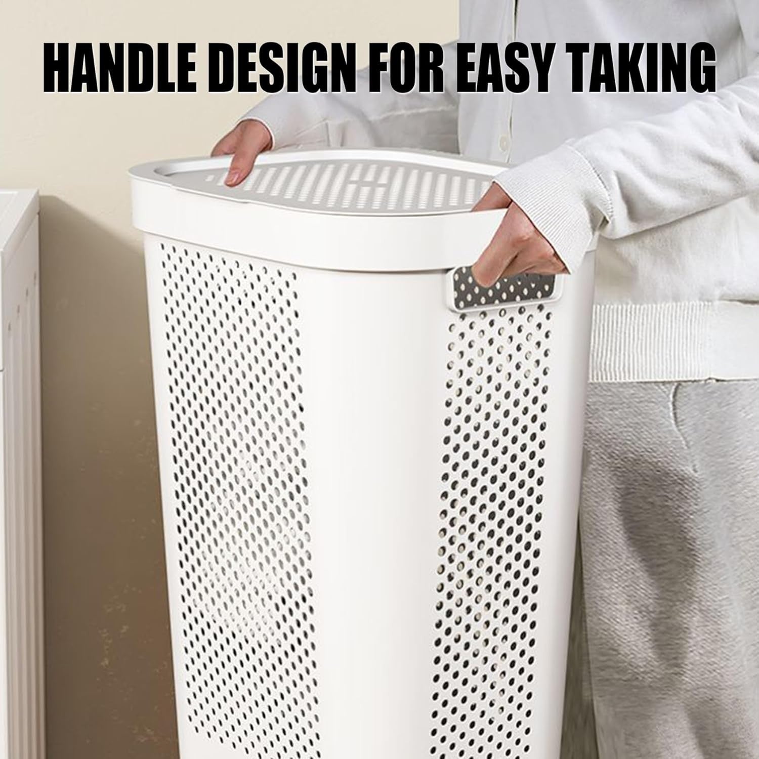 White Rolling Laundry Hamper with Lid & Handle | Ventilated Large Clothes Basket