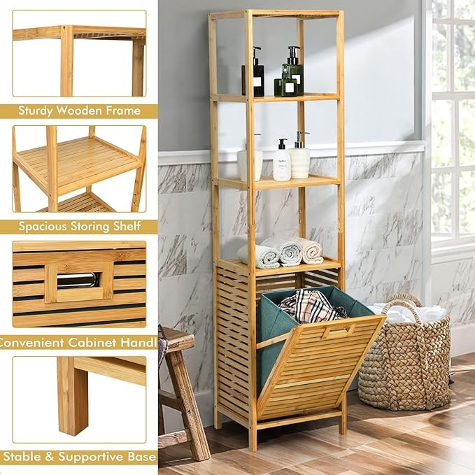 Bamboo Tilt-Out Laundry Hamper with Shelves, 3-Tier Organizer for Bathroom