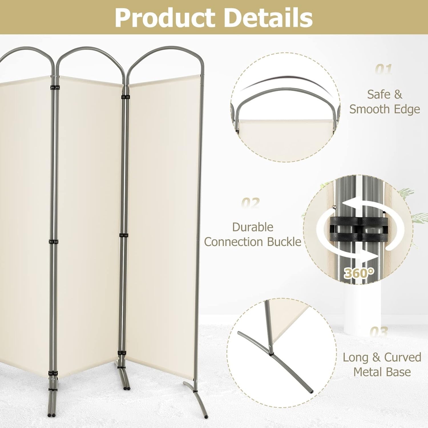 4 Panel Cream Folding Room Divider Privacy Screen for Bedroom Office 188cm High