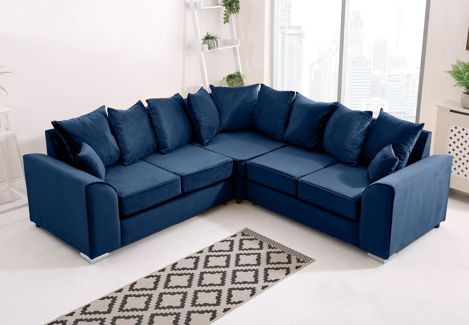 Blue Plush Velvet 5 Seater Corner Sofa – Scatterback Foam Cushions & Chrome Feet