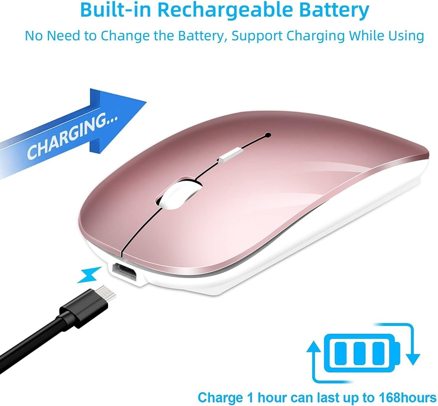 Wireless Bluetooth Mouse Rechargeable Slim Silent Click USB Rose Gold