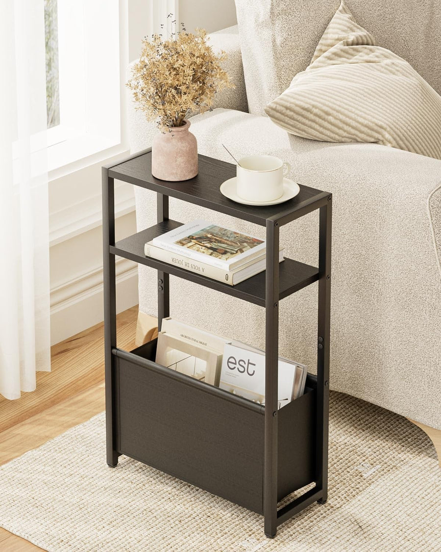 Slim Black Side Table with Storage, Space-Saving Design for Small Spaces