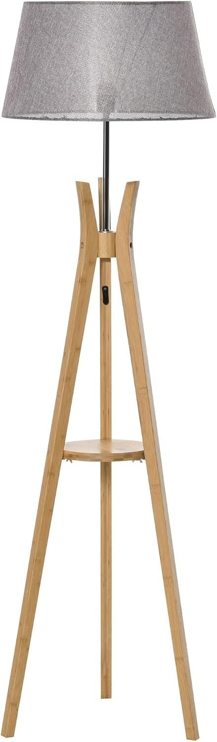Wood Tripod Floor Lamp with Shelf E27 Grey Shade Tall Light for Living Room