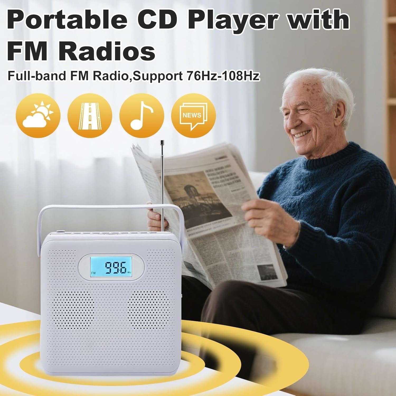 Portable CD Player Bluetooth FM Radio USB Recording HiFi Speakers LCD