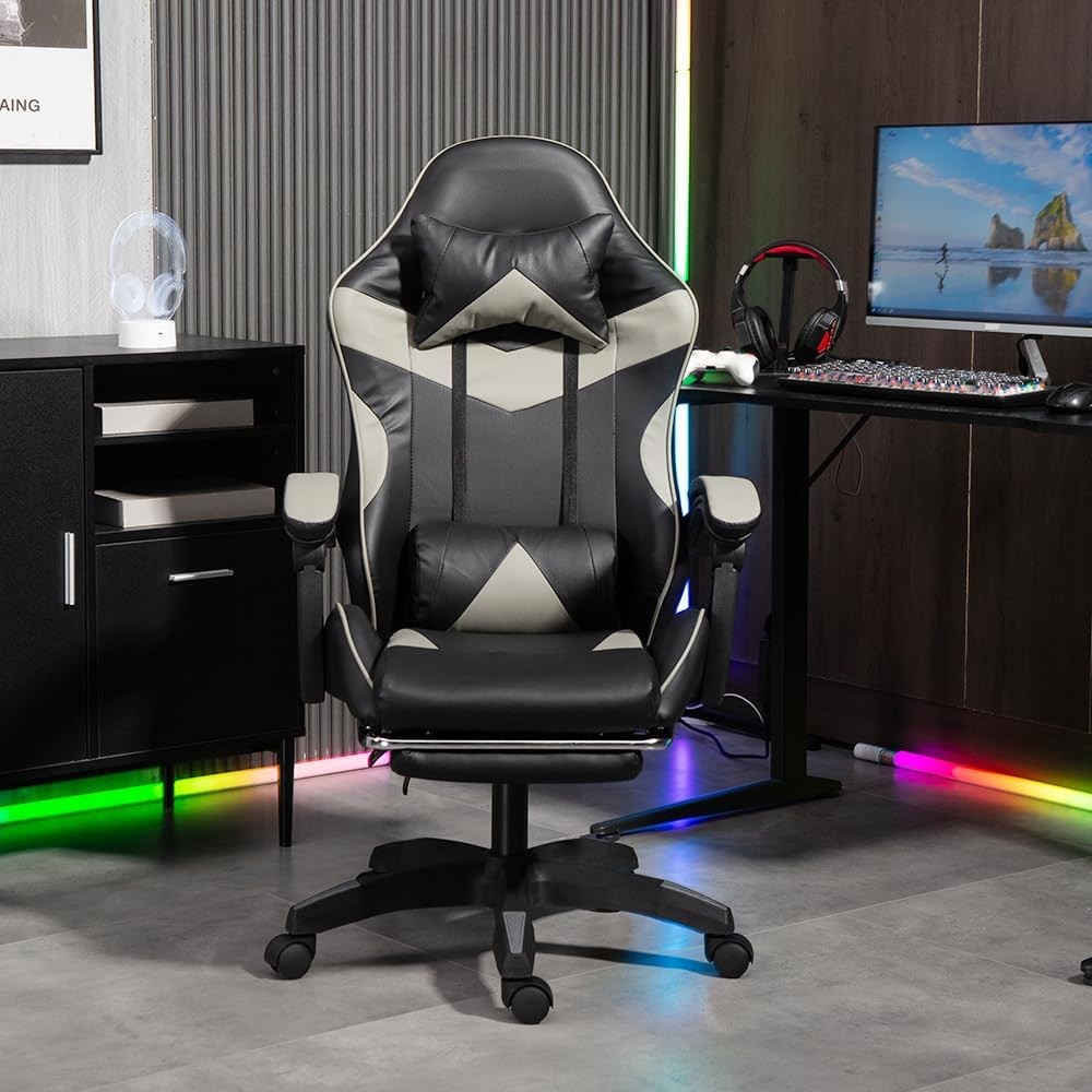 Reclining Gaming Chair w/ Footrest Swivel Gas Lift Grey