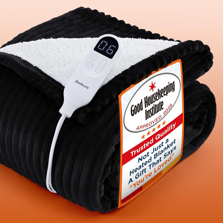 Striped Black Electric Heated Throw Blanket 6 Heat Levels Timer Warm 130x160cm