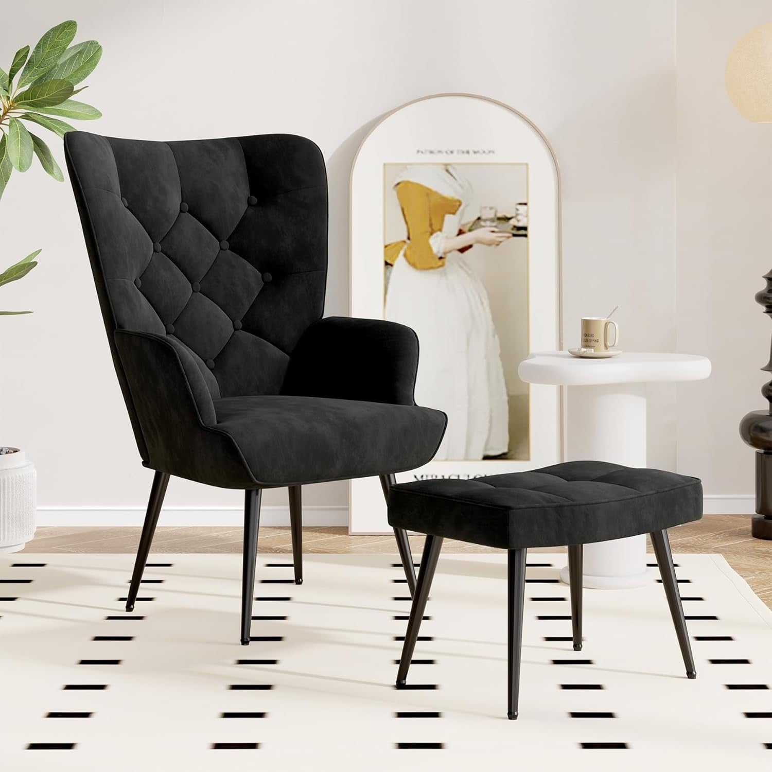 Black Velvet Wingback Chair w/ Footstool Gold Legs Accent Lounge Seat