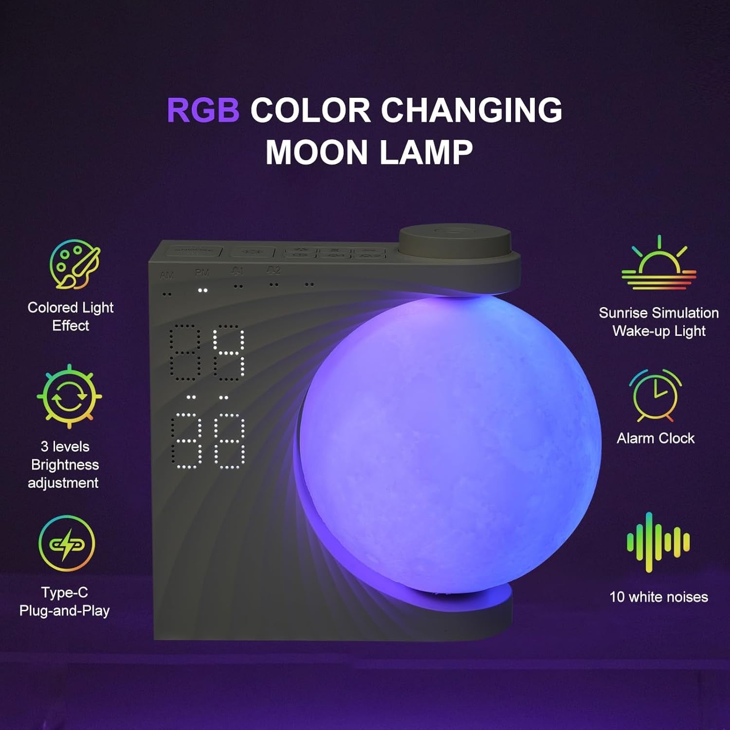 White RGB Moon Lamp Alarm Clock Wake Up Light White Noise Night Light