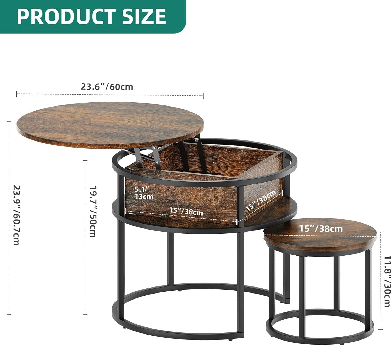 Lift Top Coffee Table Set of 2 Brown Wood Round Nesting Storage Side End