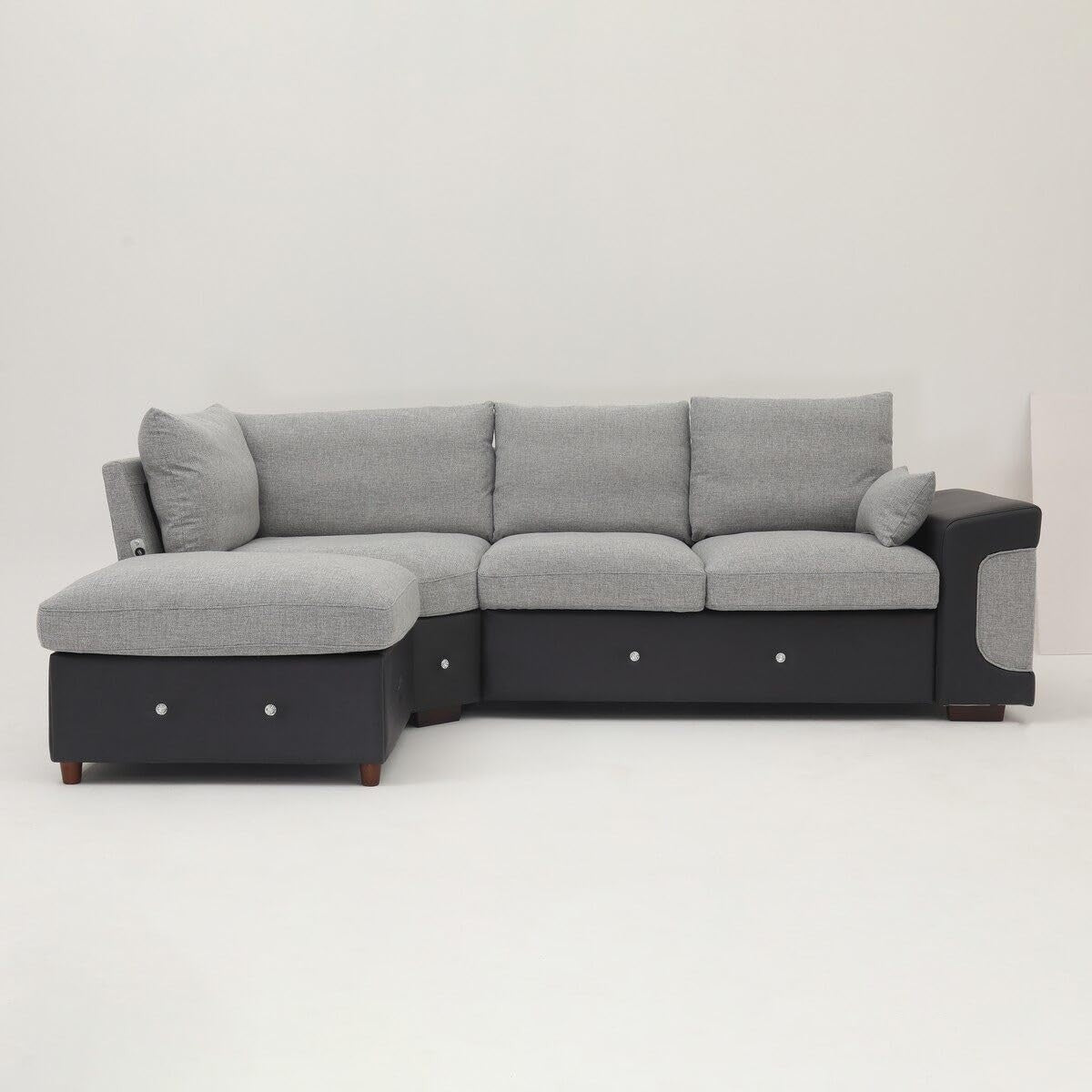 4 Seater Corner Sofa with USB Port & Chaise – Linen & Faux Leather