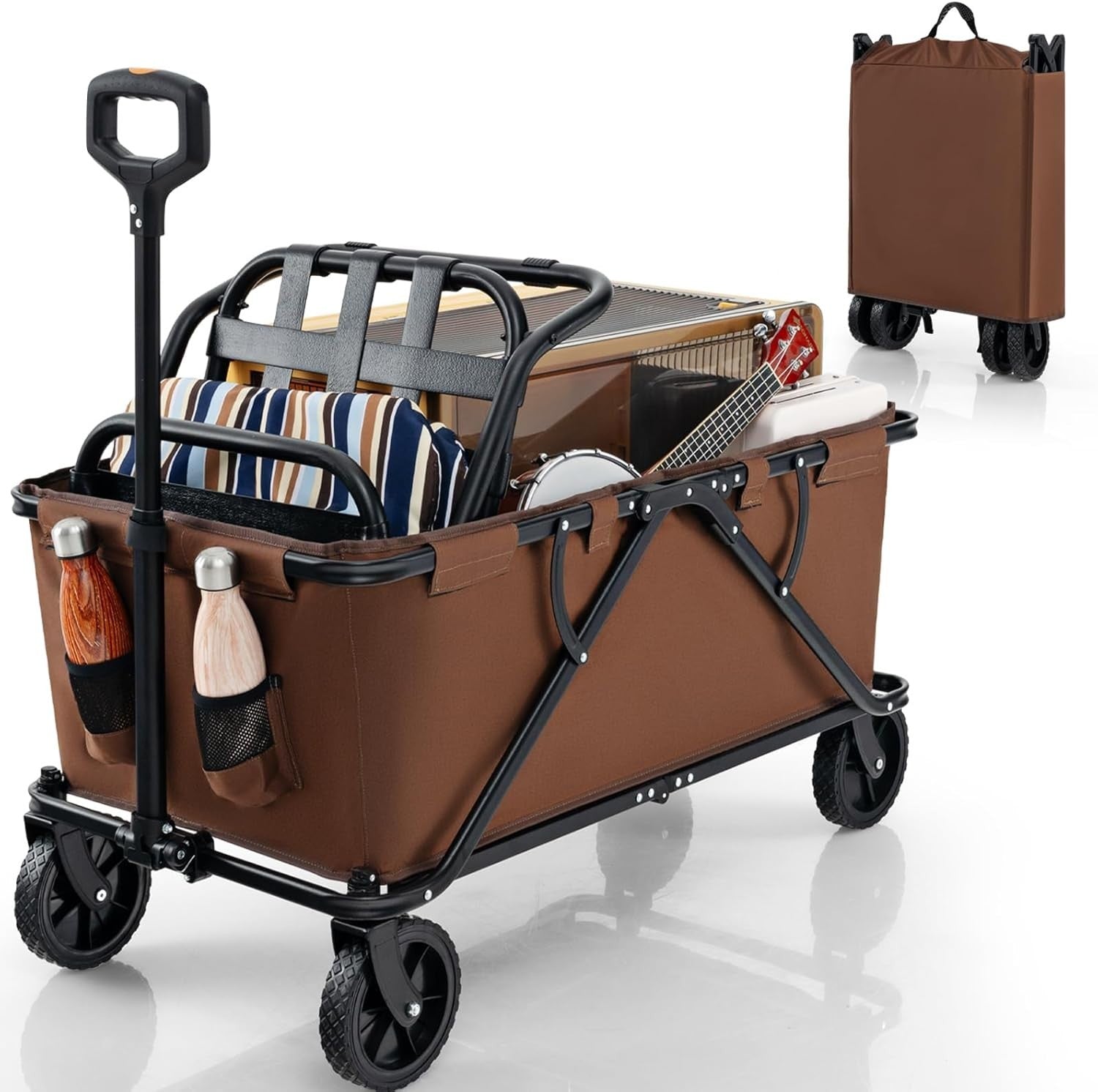Brown Folding Camping Wagon 170L Heavy Duty Collapsible Garden Cart w/ Handle