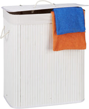 95L White Bamboo Laundry Hamper 2 Compartment Basket with Lid & Removable Liners