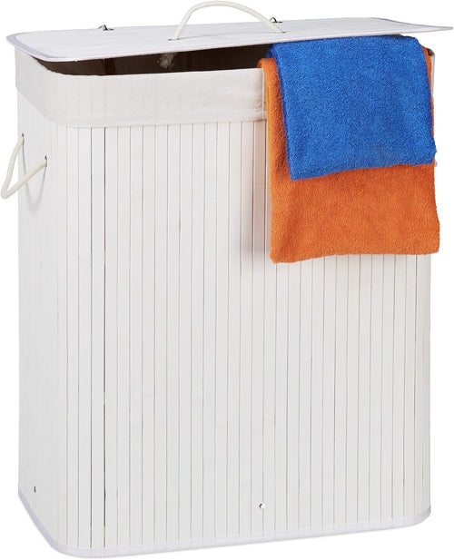 95L White Bamboo Laundry Hamper 2 Compartment Basket with Lid & Removable Liners