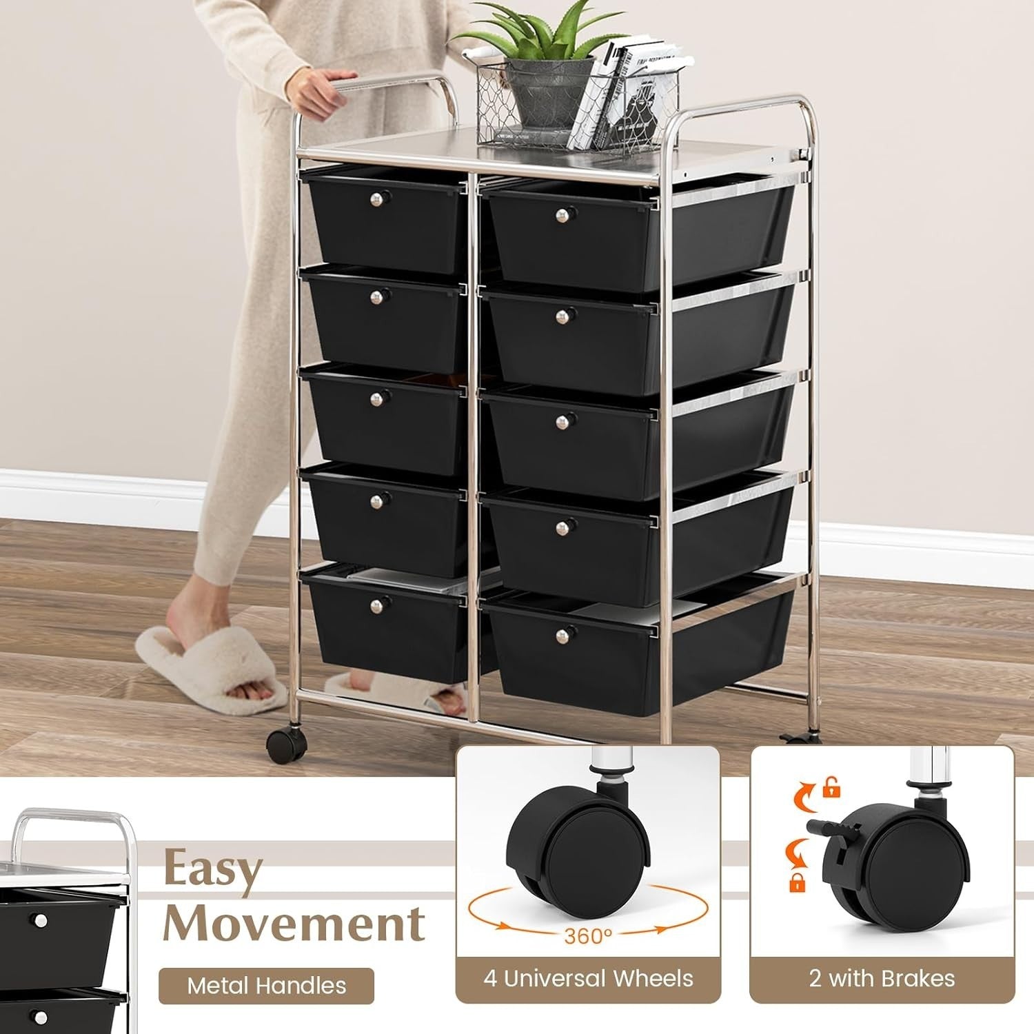 10 Drawer Utility Storage Cart Rolling Organizer Trolley Black Wheels