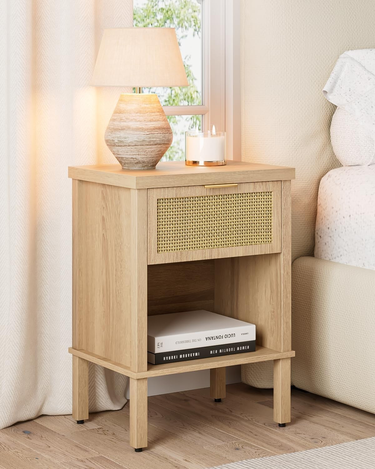 Rattan Wood Bedside Table with Drawer & Shelf – Boho Oak Nightstand