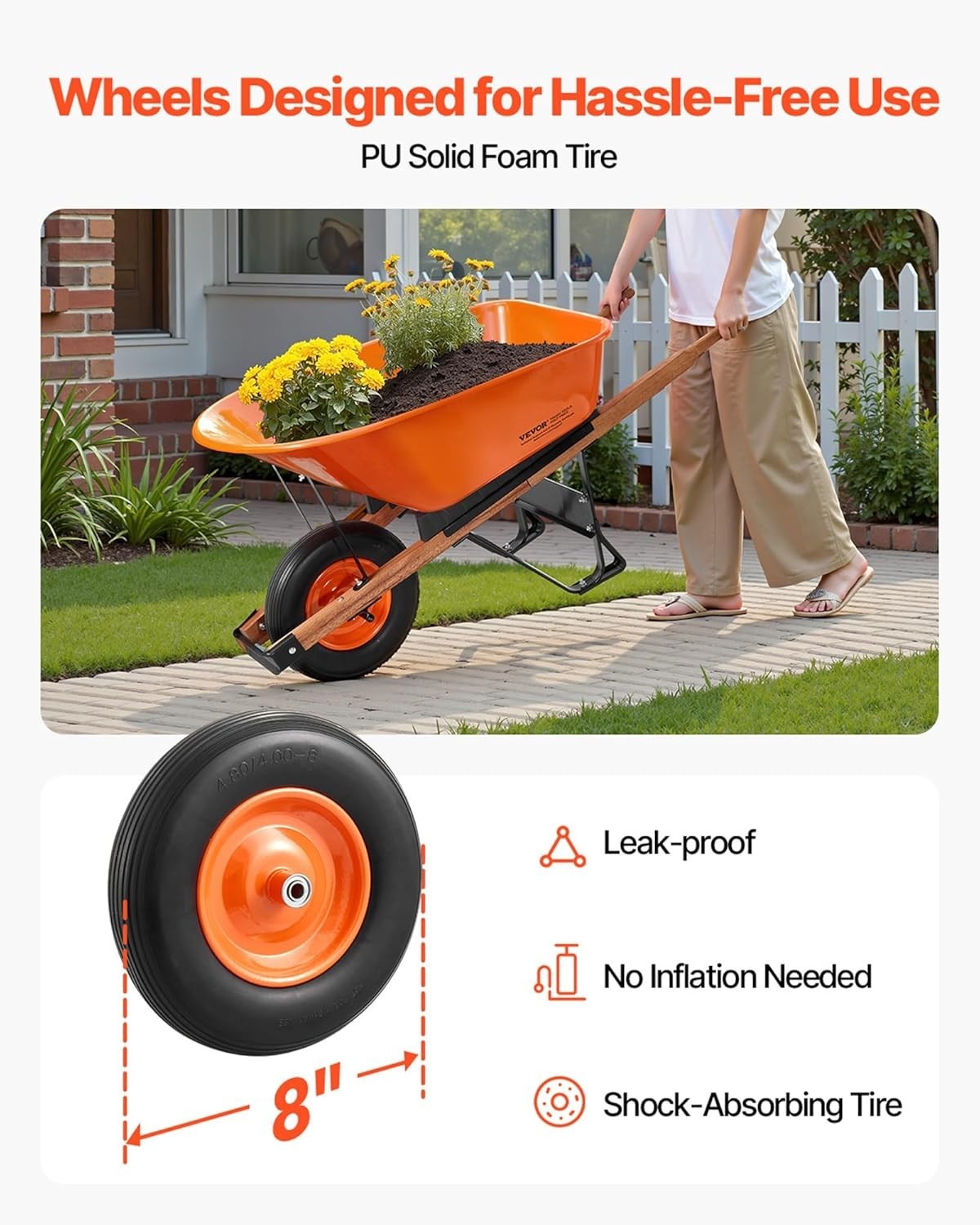 6 Cu Ft Orange Wheelbarrow – Metal Frame PU Tyre Heavy Duty for 150kg Loads