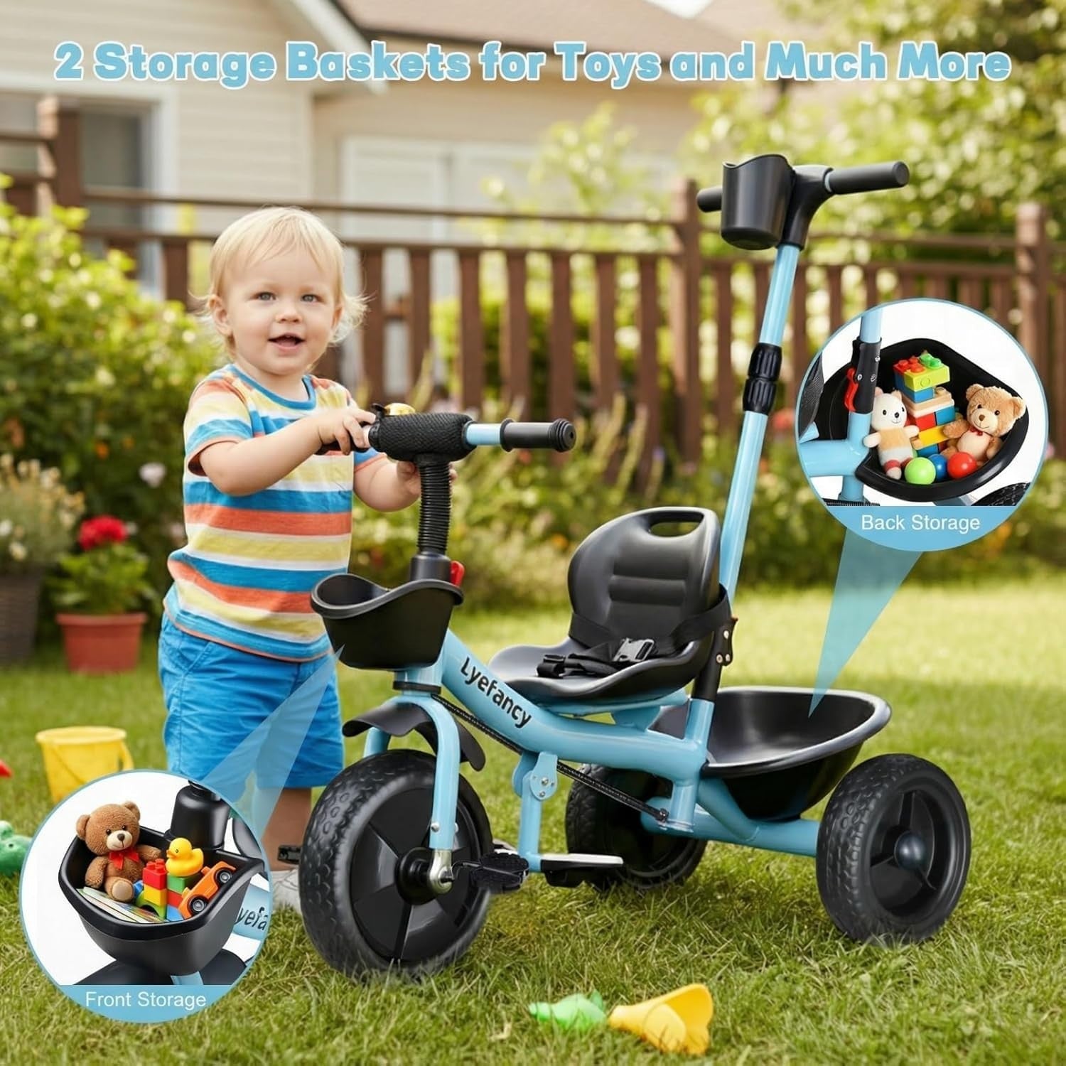 2 in 1 Toddler Tricycle Parent Handle Adjustable Seat Bike Blue 1-4Y