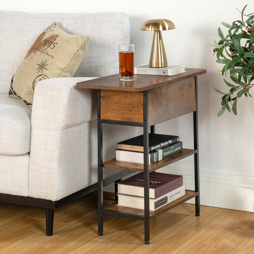 Slim Side Table with USB Ports Power Outlets & Storage, Industrial Brown