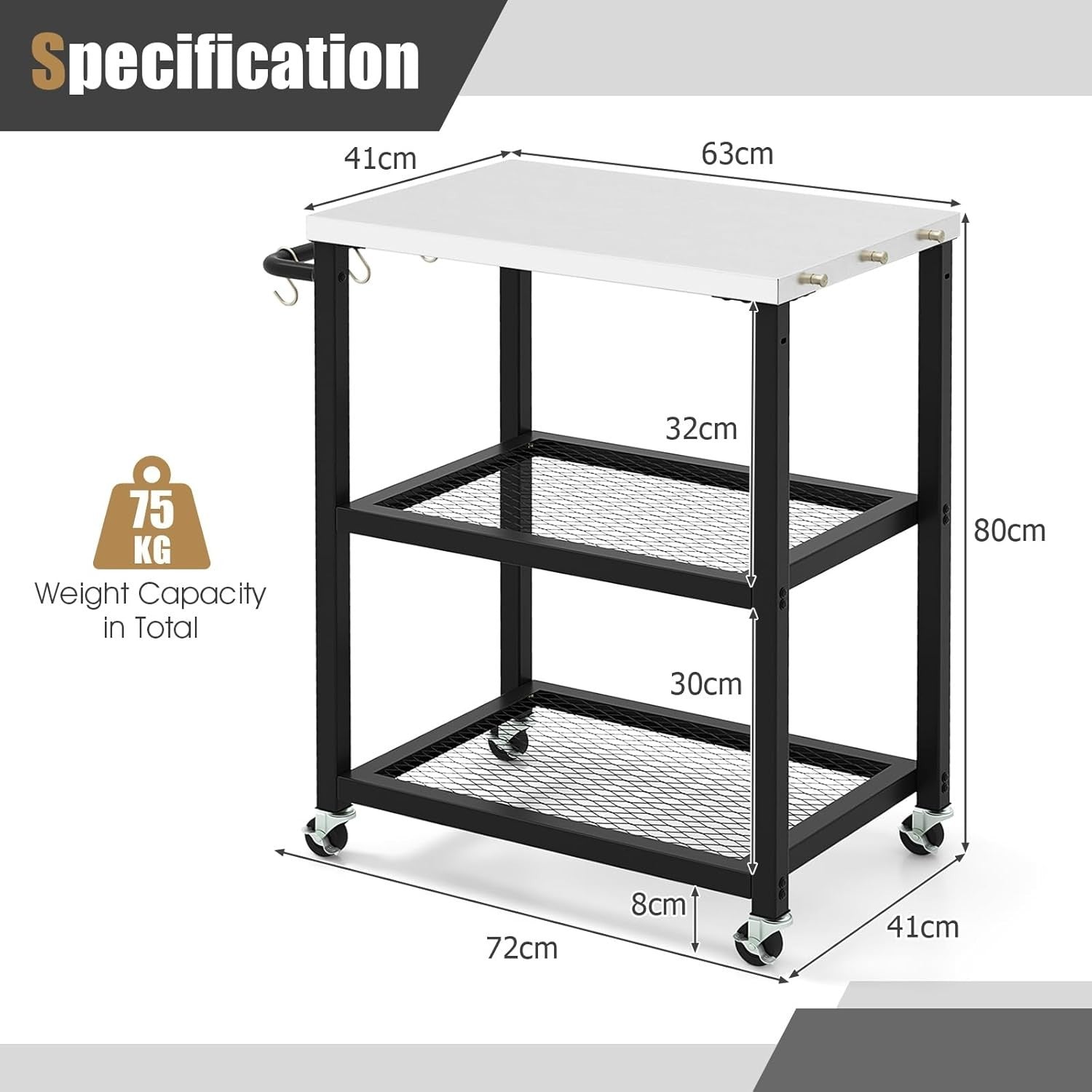 3-Tier Outdoor Grill Cart Pizza Oven Stand Stainless Steel Top BBQ Trolley 72x41