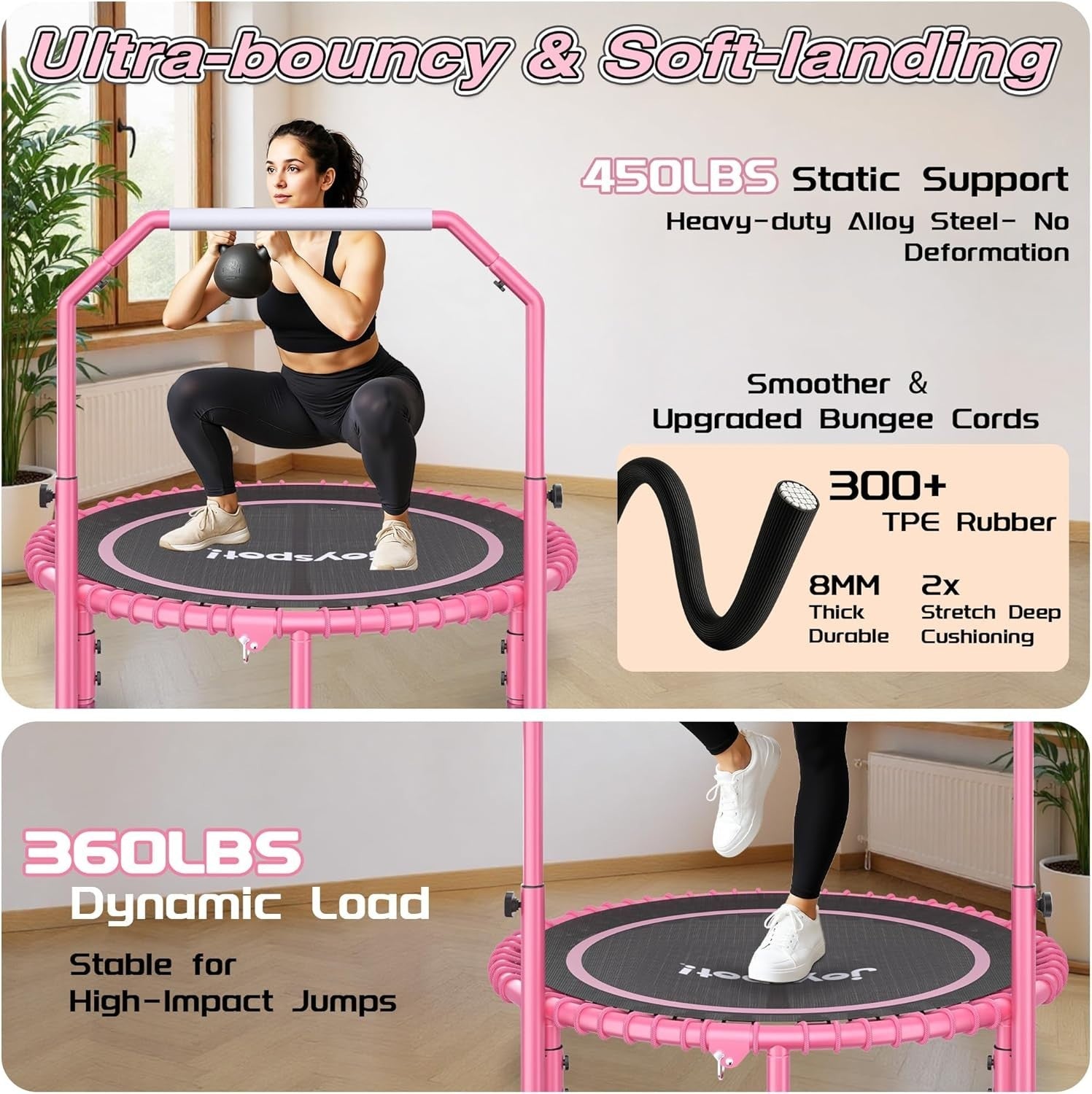 40in Foldable Fitness Trampoline Rebounder Adjustable Handle 450LBS