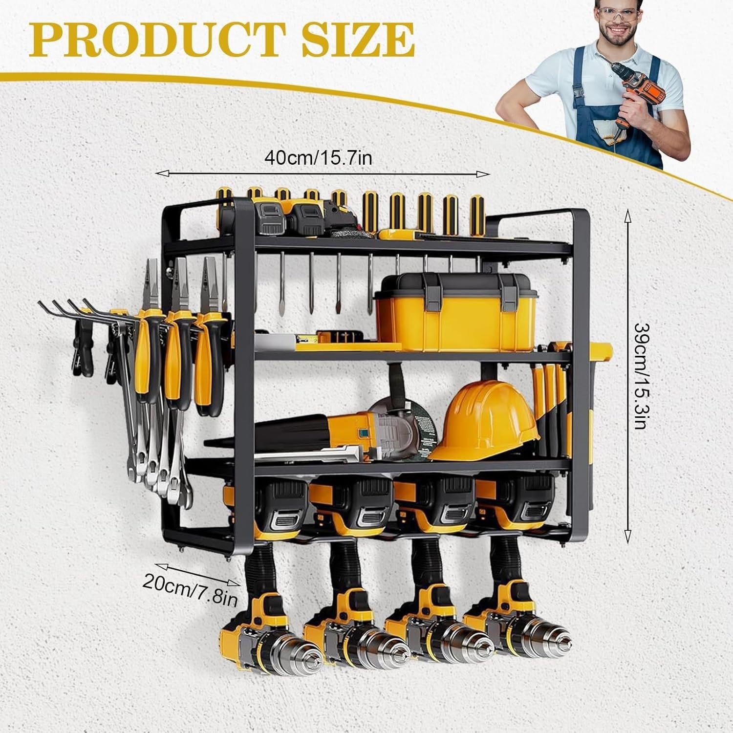 Wall Mount Power Tool Organizer 4 Drill Holders 4 Layers – 200Lbs Load