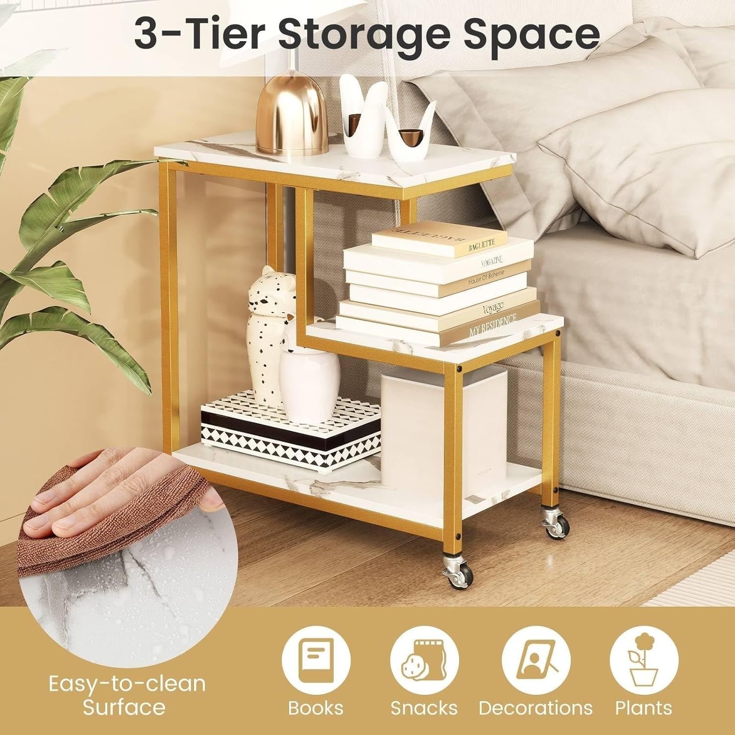 White Gold G-Shaped Sofa Side Table with Wheels | 3-Tier End Table Storage