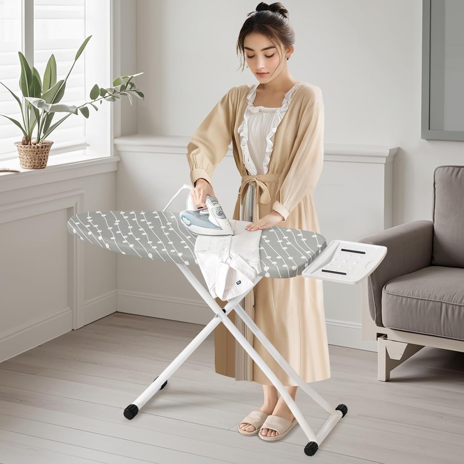 Adjustable Folding Ironing Board Blue Dots Compact Steel Frame with Iron Rest