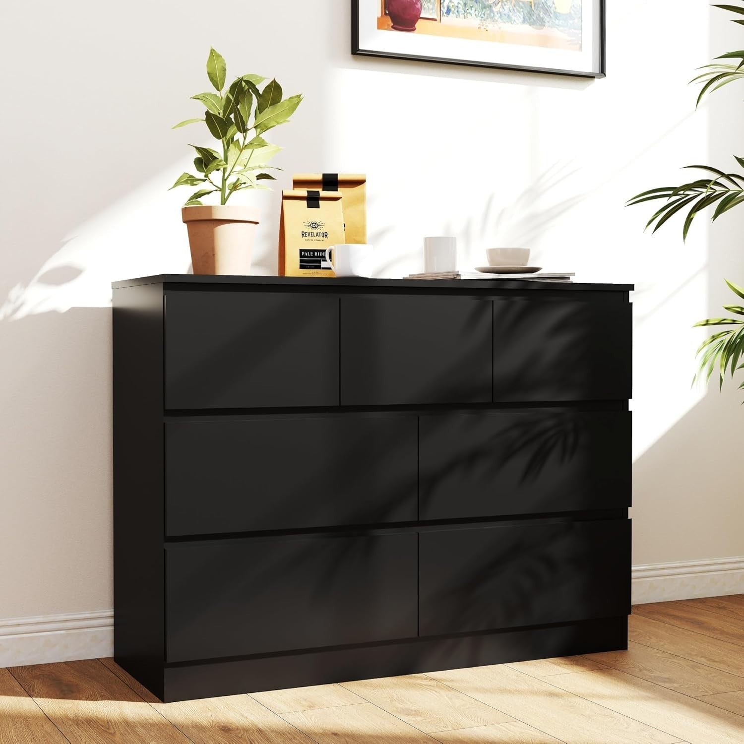 Black 7 Drawer Chest Wide Modern Storage Unit No Handle 106cm Bedroom