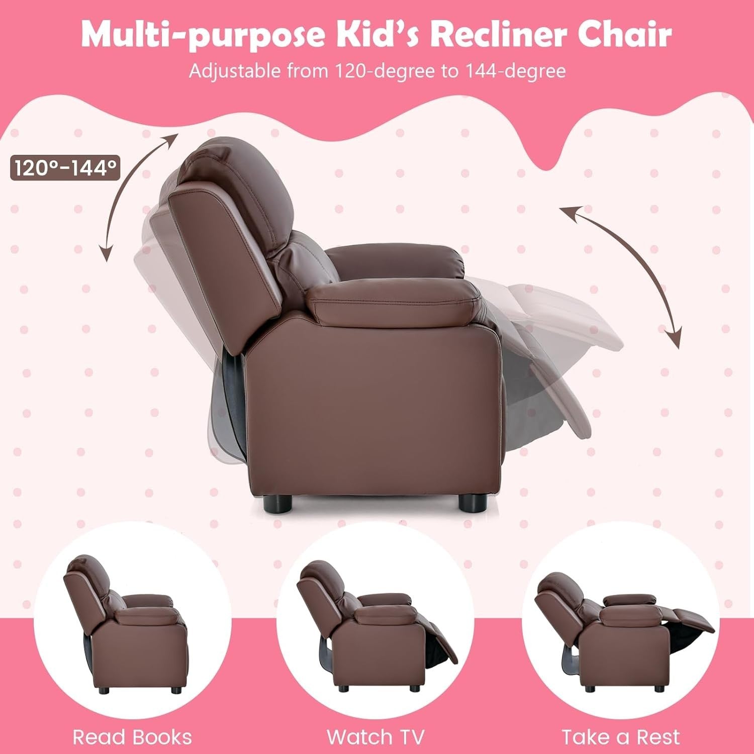 Kids Recliner Chair PU Leather Adjustable Backrest & Footrest with Storage Arms