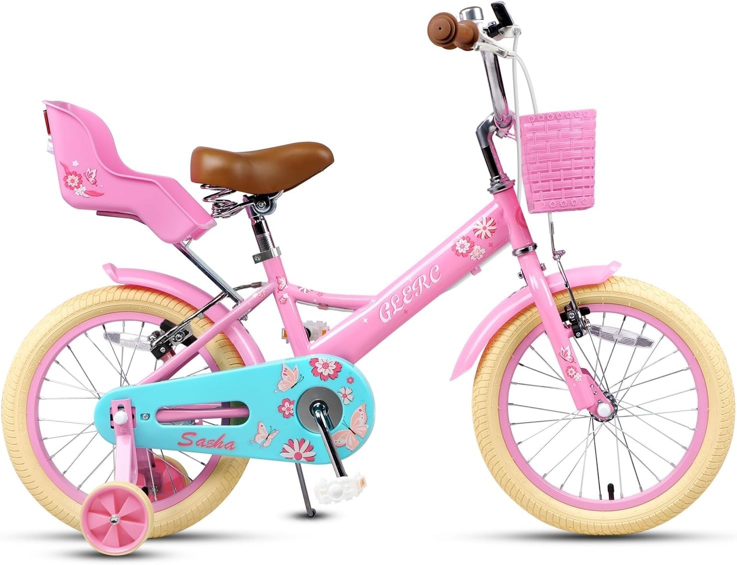 16 Inch Girls Kids Bike with Stabilisers Basket Doll Seat Pink Age 4-8